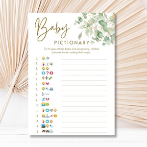 Baby Shower Emoji Pictionary  Printable Baby Shower Game Activity  Baby Shower Idea Gender Reveal Greenery and Gold Eucalyptus  Emoji Game