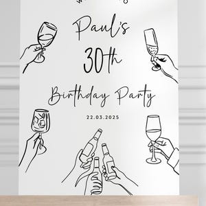 Puede incluir: Un letrero de bienvenida rectangular blanco para una fiesta de cumplea&ntilde;os con ilustraciones de l&iacute;neas negras de manos sosteniendo varios vasos y botellas. El texto dice: Welcome to Paul's 30th Birthday Party, con la fecha 22.03.2025 impresa debajo.