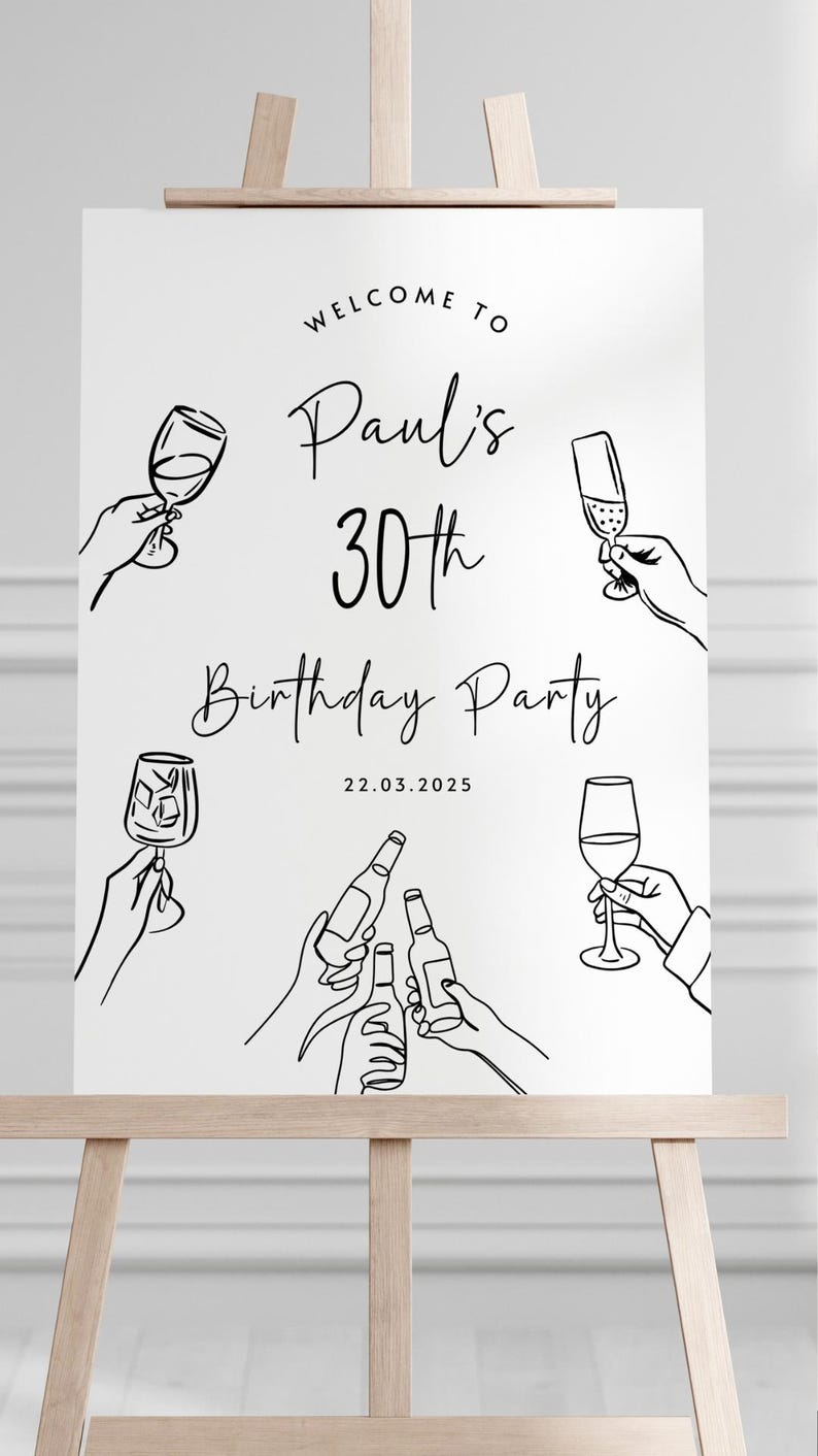 Puede incluir: Un letrero de bienvenida rectangular blanco para una fiesta de cumplea&ntilde;os con ilustraciones de l&iacute;neas negras de manos sosteniendo varios vasos y botellas. El texto dice: Welcome to Paul's 30th Birthday Party, con la fecha 22.03.2025 impresa debajo.