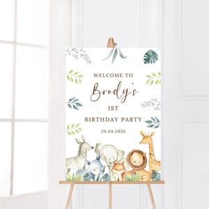 Personalised Safari First Birthday Party Sign Jungle Safari Wild One 1st Birthday Welcome Sign Baby Boy Age One Custom name Welcome Board image 5
