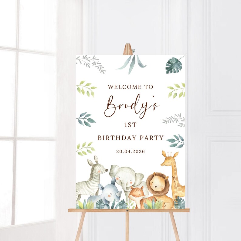Personalised Safari First Birthday Party Sign Jungle Safari Wild One 1st Birthday Welcome Sign Baby Boy Age One Custom name Welcome Board image 5