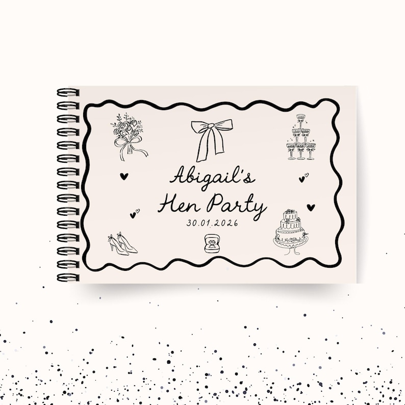 Personalised Hen Party Guest Book Whimsical Beige and Black Custom Bridal Shower Guestbook Letters to the Bride Scrapbook image 1