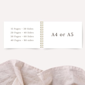 May include: Open notebook with spiral binding, featuring text indicating page and side counts: 15 pages/30 sides, 20 pages/40 sides, 30 pages/60 sides, and 40 pages/80 sides. The text "A4 or A5" is also visible. The notebook is open on a white surface.