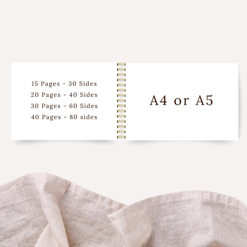 May include: Open notebook with spiral binding, featuring text indicating page and side counts: 15 pages/30 sides, 20 pages/40 sides, 30 pages/60 sides, and 40 pages/80 sides. The text "A4 or A5" is also visible. The notebook is open on a white surface.
