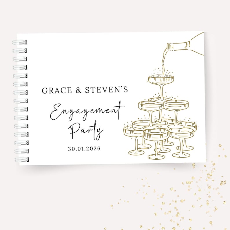 K&ouml;nnte beinhalten: Wei&szlig;es Spiralnotizbuch mit goldenem Text und Illustrationen. Auf dem Cover steht "GRACE & STEVEN'S Engagement Party" mit dem Datum 30.01.2026. Rechts ist eine Champagnerturm-Illustration abgebildet.