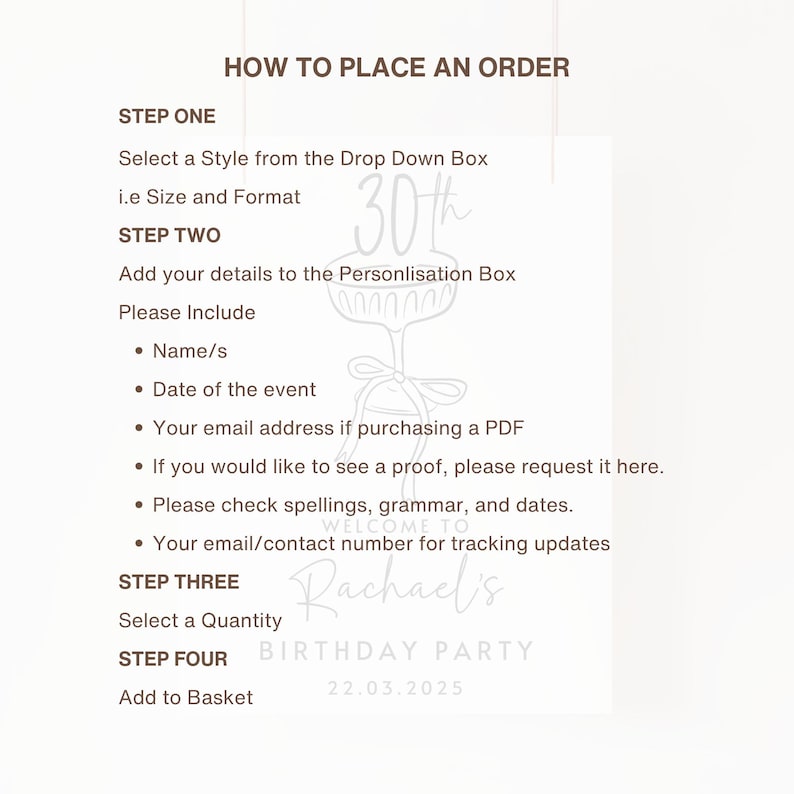 Puede incluir: Tarjeta blanca con instrucciones sobre c&oacute;mo realizar un pedido. El texto incluye pasos como seleccionar un estilo, agregar detalles y seleccionar una cantidad. La tarjeta tambi&eacute;n presenta el texto "Rachael's Birthday Party 22.03.2025."