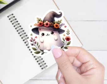 Halloween Ghost Cat Sticker: Water-Resistant Vinyl Decal