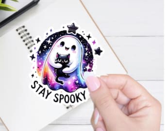 Stay Spooky Ghost and Cat Sticker: Halloween Black Cat Decal