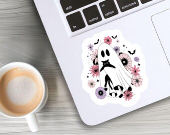 Ghost Holding Cat Halloween Sticker, Floral, Laptop Decal