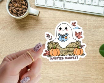 Spooky Ghost Reading Sticker: Halloween Book Lover Vinyl Decal