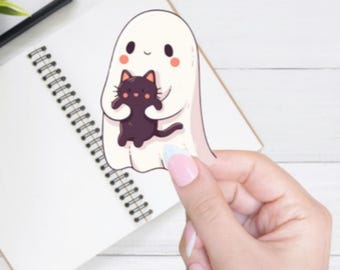 Ghost Holding Cat sticker, Halloween Ghost Stickers cute, Halloween Stickers for Water bottle, Ghost and Cat Sticker