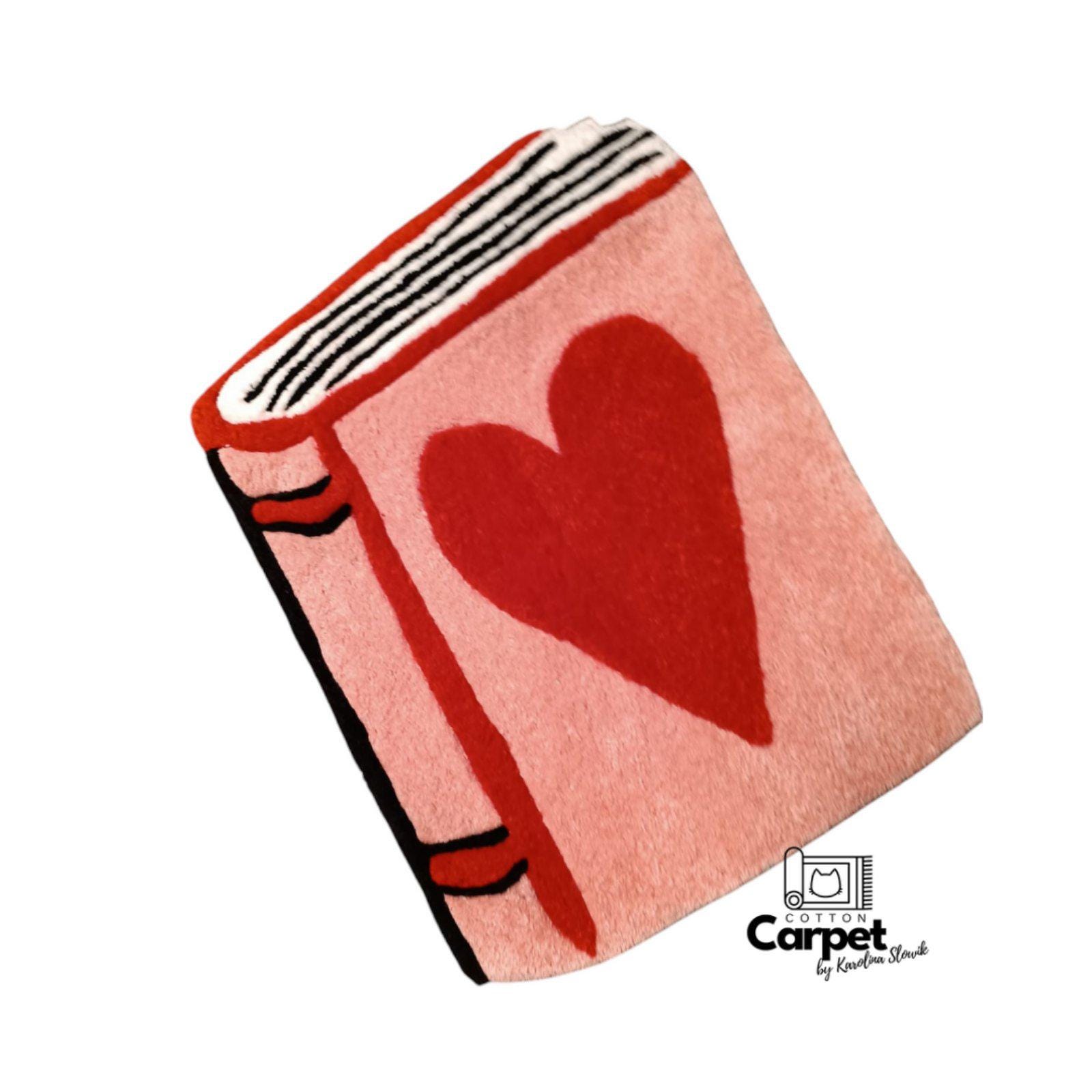Book carpet, soft pink and red carpet with heart, reading, books, bookworm, book lover, book addict, library, high quality,  bookcase, thick