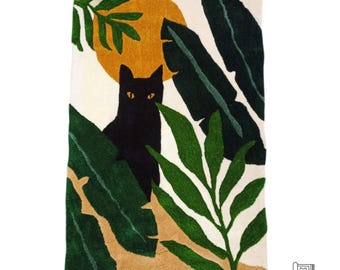 High quality cat rug, cotton carpet, cat kitty soft handmade rug botanic plant rug black cat, cat lady