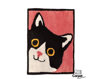 Cute rug with a tuxedo cat,  carpet fluffy rug tuxedo cat, handmade hand tufted kitten soft rug kids room bedroom, handtufted