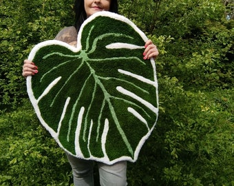 Plant leaf carpet monstera leaf large green leaf soft thick pile rug plant lover, botany, houseplants, beautiful living room interior design