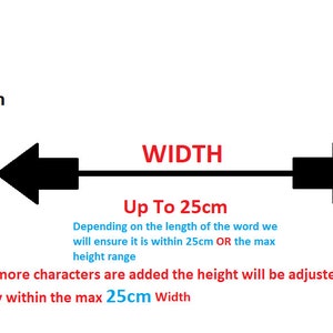 Puede incluir: Diagrama que muestra el ancho y la altura m&aacute;ximos de un dise&ntilde;o de arte de palabras. El ancho m&aacute;ximo es de hasta 25 cm. La altura es ajustable, entre 4 y 6 cm, dependiendo de la longitud de la palabra.  A medida que se agregan m&aacute;s caracteres, la altura se ajusta para mantenerse dentro del ancho m&aacute;ximo de 25 cm.