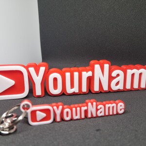 Puede incluir: Llavero de pl&aacute;stico rojo y blanco con un bot&oacute;n de reproducci&oacute;n y el texto "YourName".