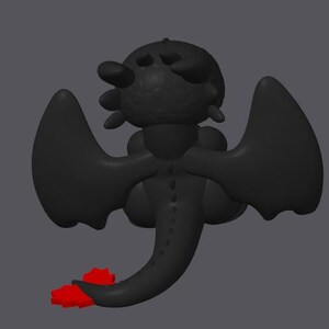 K&ouml;nnte beinhalten: Eine schwarze Drachenfigur mit gro&szlig;en Fl&uuml;geln, einem abgerundeten Kopf und einem langen Schwanz. Die F&uuml;&szlig;e des Drachen sind rot. Die Figur ist vor einem grauen Hintergrund platziert. Der Drache ist ein stilisierter, cartoonartiger Charakter.