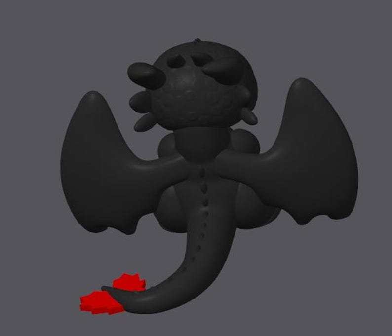 K&ouml;nnte beinhalten: Eine schwarze Drachenfigur mit gro&szlig;en Fl&uuml;geln, einem abgerundeten Kopf und einem langen Schwanz. Die F&uuml;&szlig;e des Drachen sind rot. Die Figur ist vor einem grauen Hintergrund platziert. Der Drache ist ein stilisierter, cartoonartiger Charakter.