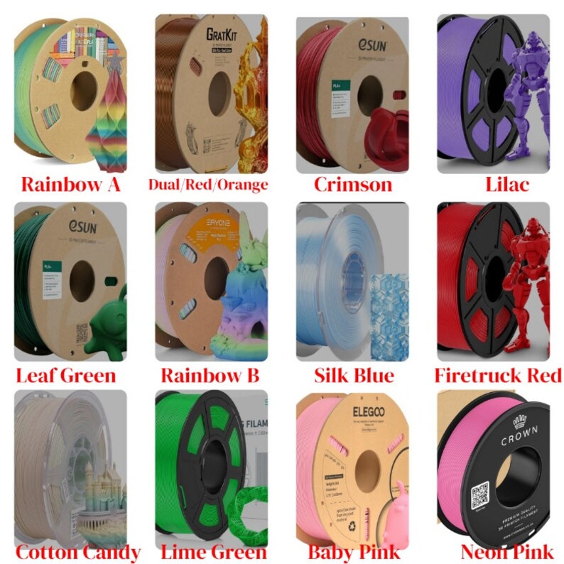 May include: Assortment of 12 spools of 3D printer filament in various colors, including rainbow, red, orange, crimson, lilac, leaf green, silk blue, firetruck red, cotton candy, lime green, baby pink, and neon pink. Each spool is labeled with the brand name and color.