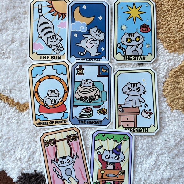 Pick Your Own Cat Tarot Card Sticker Set, Cat Tarot Card Sticker Set, Tarot Card Sticker Set, Cat Glossy Vinyl Sticker, Water bottle Decal