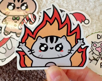 Cat Fire Meme Sticker, Everything On Fire, Glossy Vinyl Waterproof Kawaii Stickers