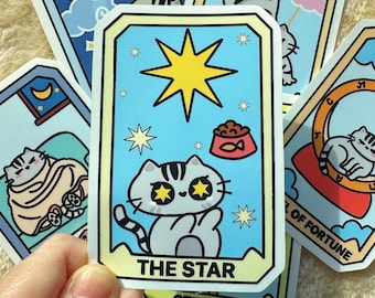 Cat Tarot Card Sticker, The Star, Glossy Vinyl Laptop Sticker