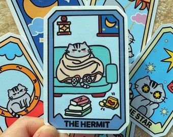 Cat Tarot Card Sticker, The Hermit, Glossy Vinyl Decal