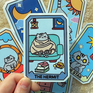 Pegatina de carta de tarot de gato, pegatina de carta de tarot, carta de tarot de ermitaño, pegatinas de gato, pegatina de vinilo brillante de gato, pegatinas para portátil, pegatinas kawaii
