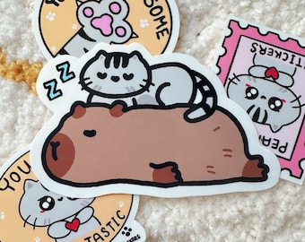 Capybara Cat Glossy Sticker, Kawaii Laptop Vinyl Decal