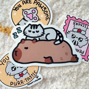 Capybara Cat Sticker, Capybara Stickers, Kawaii Laptop Decal, Cat Glossy Vinyl Stickers