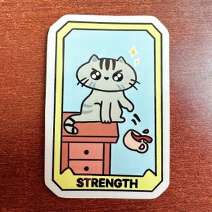 Pegatina de carta del tarot de gato, pegatina de carta del tarot, carta del tarot de la fuerza, pegatinas de gato, pegatina de vinilo brillante de gato, pegatinas para portátil, pegatinas kawaii