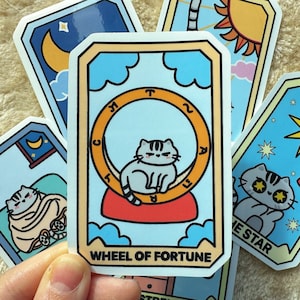 Pegatina de carta del tarot de gato, pegatina de carta del tarot, carta del tarot de la rueda de la fortuna, pegatina de vinilo brillante de gato, pegatinas para portátil, pegatinas kawaii