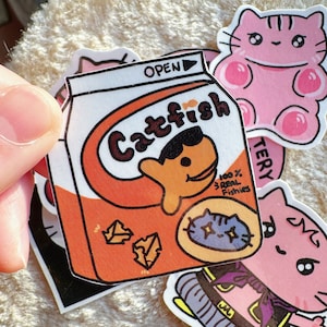 Cat Fish Cracker Sticker, Snack Stickers, Cat Glossy Vinyl Sticker, Water Bottle Sticker, Laptop Stickers, Kawaii Stickers, Cat Sticker