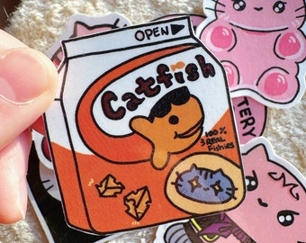 Cat Fish Cracker Sticker, Kawaii Glossy Vinyl Laptop Sticker