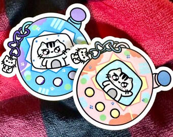 Cat Tamagotchi Sticker, Glossy Vinyl Decal, Kawaii Laptop Decal