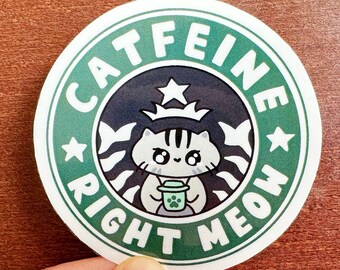 Need Catfeine Glossy Vinyl Sticker, Cat Coffee Meme, Laptop Decal