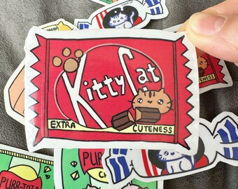 Kitty Cat Candy Bar Glossy Vinyl Sticker, Cat Pun Stickers, Waterproof Laptop Decal