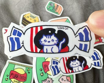 White Cat Candy Glossy Vinyl Sticker, Cat Pun Stickers, Waterproof Laptop Decal