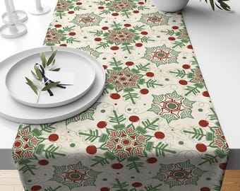 May include: A cream-colored table runner with a repeating pattern of red and green snowflake-like designs. The runner is decorated with red dots and green sprigs. White plates and candles are visible on the table.