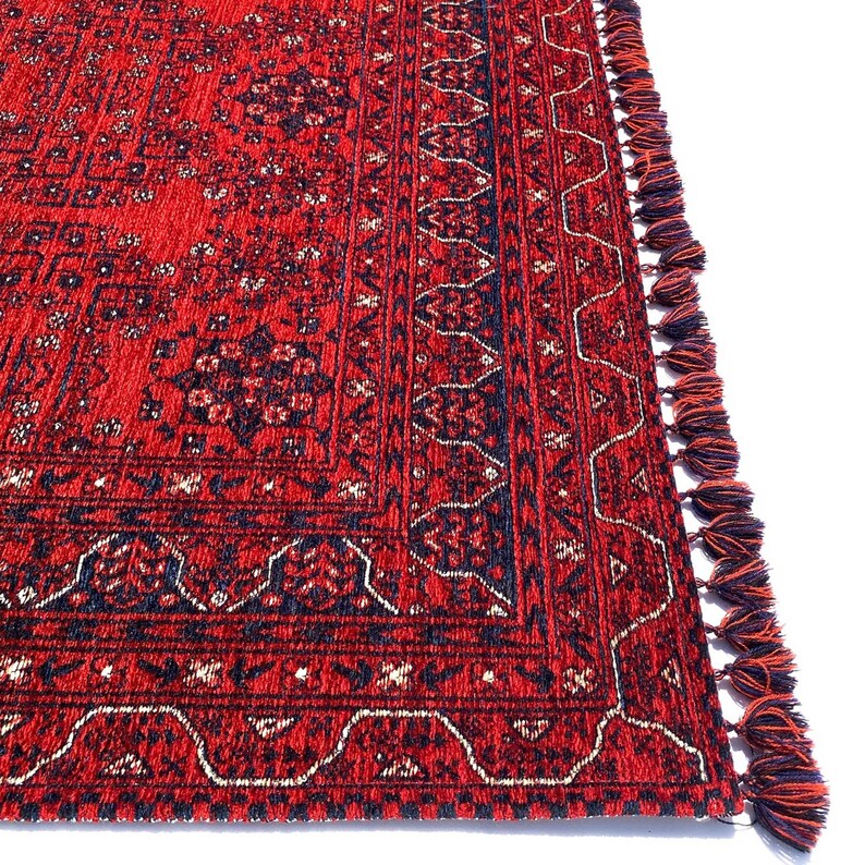 Pu&ograve; includere: Tappeto rosso e blu con motivi e frange sui bordi. Il tappeto ha un design tradizionale con dettagli intricati.