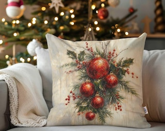 Christmas Ornament Pillow Cover,Winter Trend Throw Pillowcase,Xmas Sofa Pillow Case,Red Bauble Pillow Sham,Cozy Cushion Cover