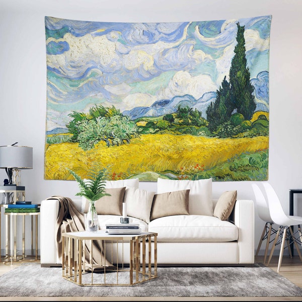 Wheat Field with Cypresses by Van Gogh Tapestry,Fabric Wall Tapestry,Summer Landscape Wall Hanging Art,Masterpiece Fabric Wall Art Gift