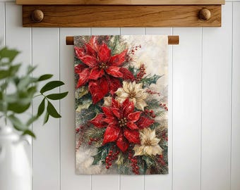 Winter Poinsettia Floral Hand Towel,Christmas Tea Towel,Holiday Berry Xmas Decor,Reusable Towel,Cost Effective Rag