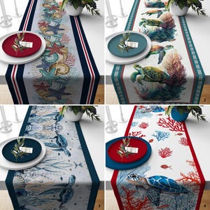 Sea Turtle Table Runner,Ocean Life Table Topper,Starfish Seashells Table Cover,Nautical Runner,Coral Reef Tablecloth,Beach House Tabletop