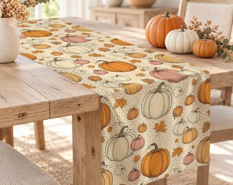 Floral Pumpkin Motif Fall Tabletop,Rustic Table Runner,Autumn Tablecloth,Cozy Table Decor,Housewarming Thanksgiving Home Decor