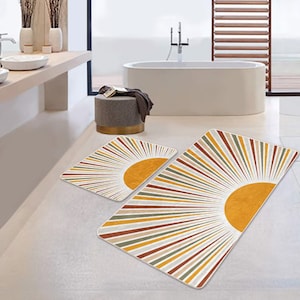 Set of 2 Abstract Sun Bath Mat,Decorative Bath Rug,Non-Slip Bathroom Decor,Abstract Shapes Floor Mat,Rectangle Shower Home Entrance Rug