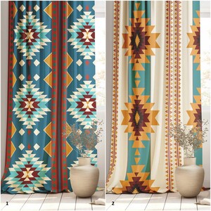 May include: Two decorative window curtains with a Southwestern geometric pattern. One curtain is teal with red, cream, and yellow-orange accents. The other is cream with teal, yellow-orange, and maroon accents. Both curtains have a tribal design.
