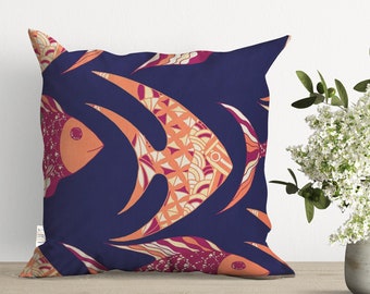 Fish Print Pillow Cover,Beach House Pillowcase,Decorative Nautical Cushion Cover,Fish Painting Throw Pillowtop,Coastal Home Decor