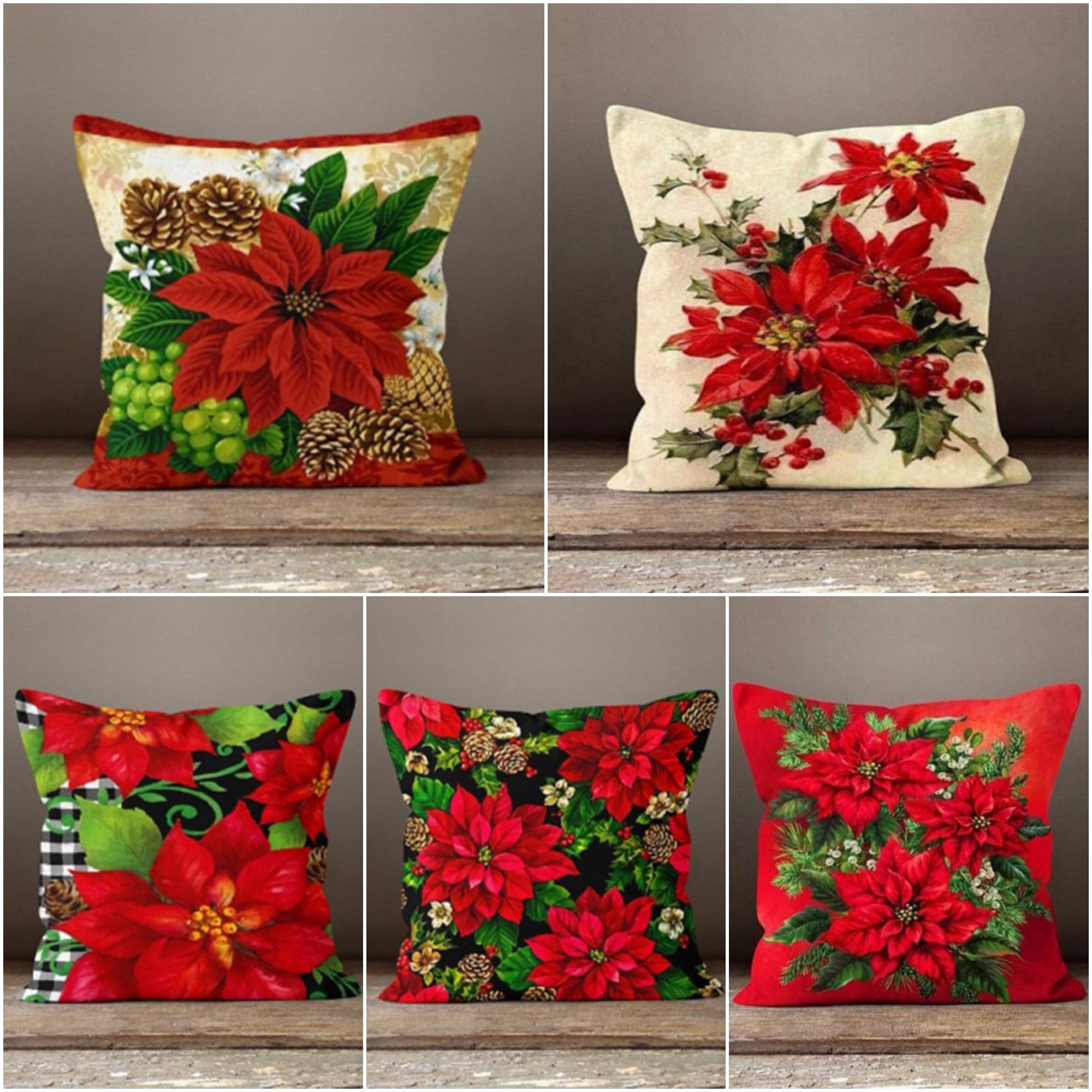 Red Flower Winter Pillow Case,floral Xmas Cushion Cover,christmas